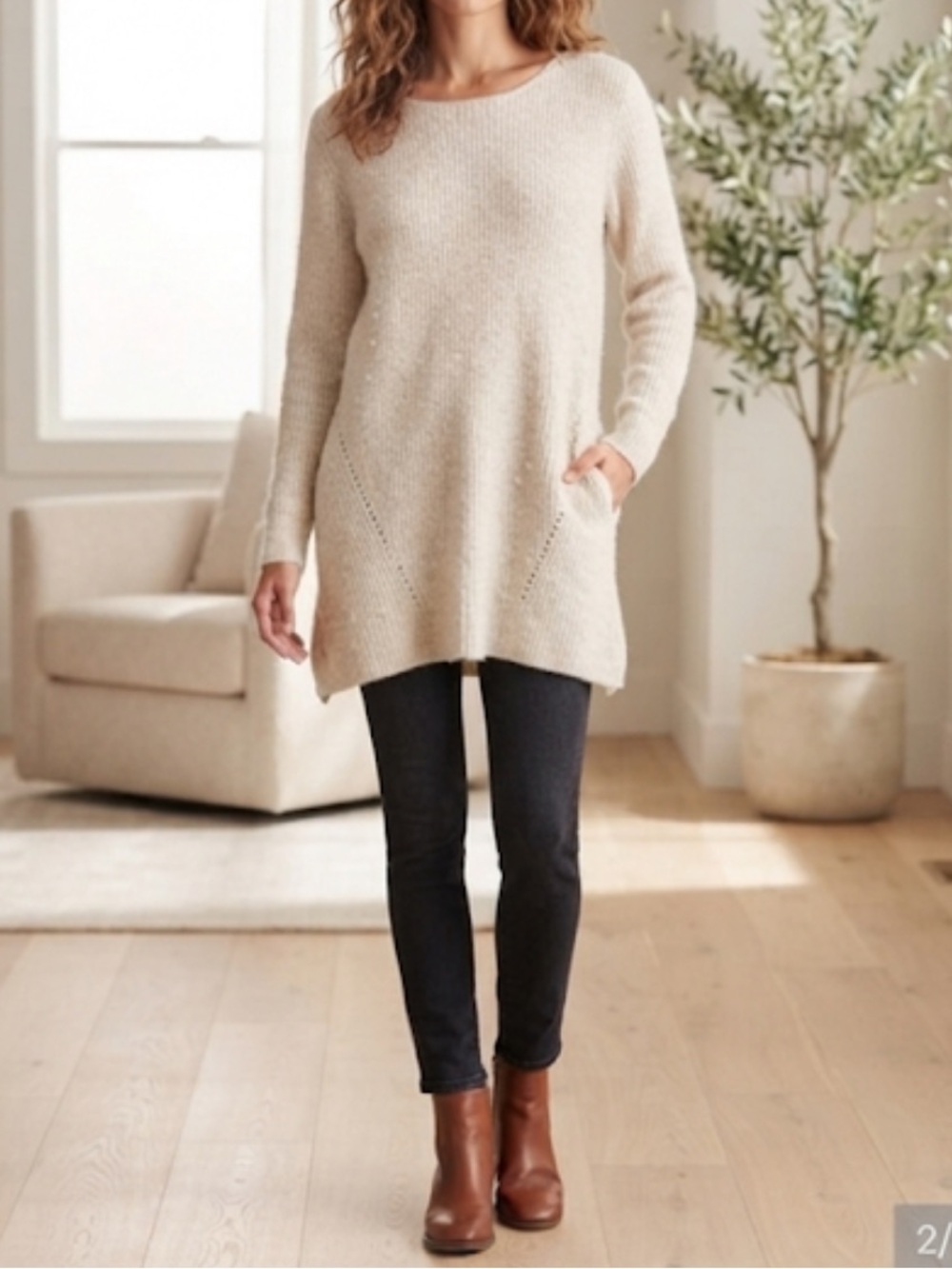 YAYA Ribbed Alpaca Wool Sweater Tunic Cream Longline XS
